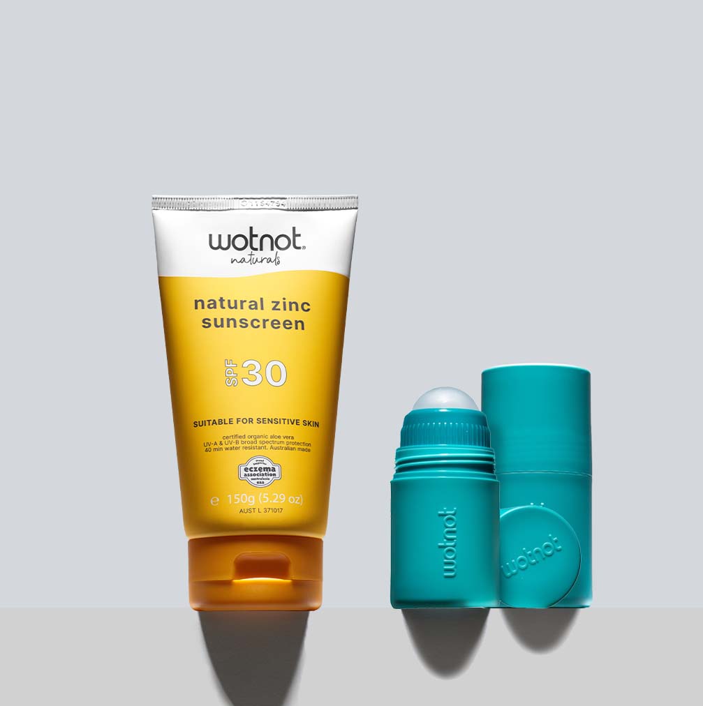 natural sunscreen roll-on SPF 30 with roll-on Applicator and natural zinc sunscreen tube.