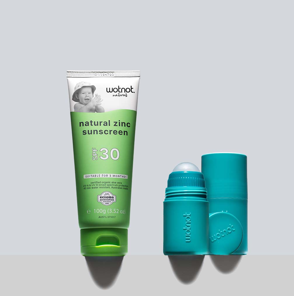 Natural baby sunscreen SPF 30 with roll-on applicator for delicate skin protection against UV rays.
