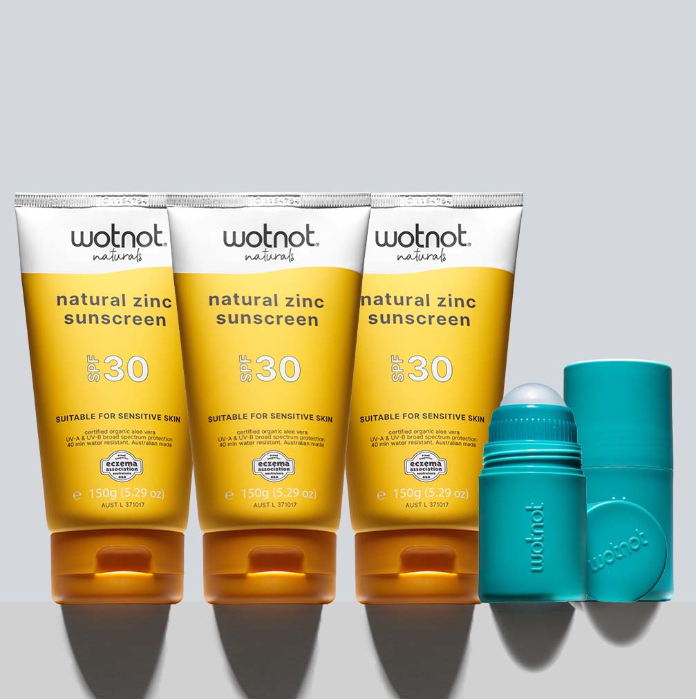 natural family sunscreen bulk with roll-on applicator featuring tubes and roll-on top.