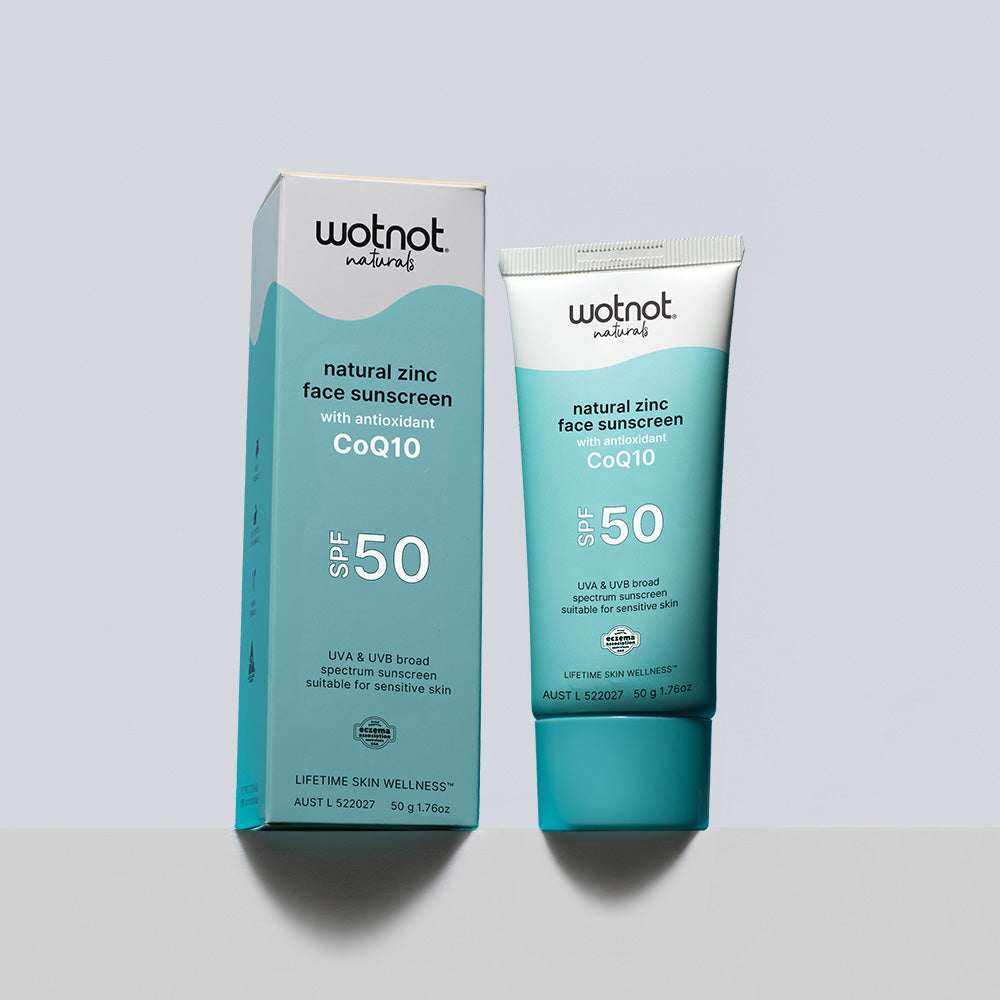 Antioxidant face sunscreen SPF 50 in packaging and tube, suitable for sensitive skin, UVA & UVB protection.