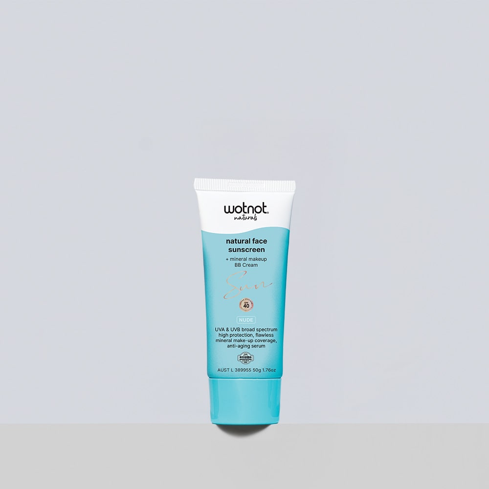 High SPF 40 BB cream sunscreen tinted in a tube by Wotnot, offering mineral makeup and sun protection.