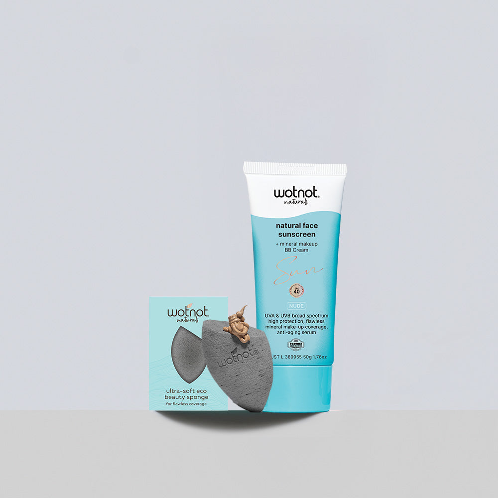 Mineral SPF 40 BB cream with eco sponge from Wotnot, featuring sunscreen and natural makeup benefits.