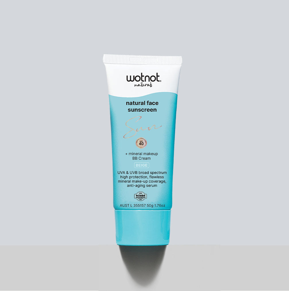 High SPF 40 BB cream sunscreen tinted in a tube by Wotnot, offering mineral makeup and sun protection.