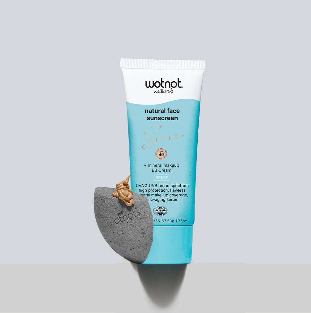 Mineral SPF 40 BB cream with eco sponge from Wotnot, featuring sunscreen and natural makeup benefits.